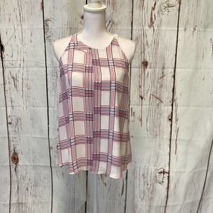 Skies Are Blue  White with Red White and Blue Geometric Stripe Design Blouse